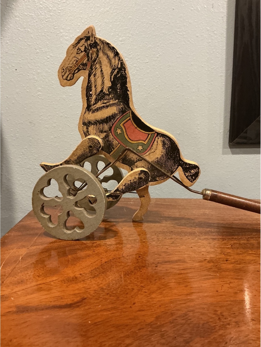 Vintage Wooden Pull Toy Horse on Wheels with Handle